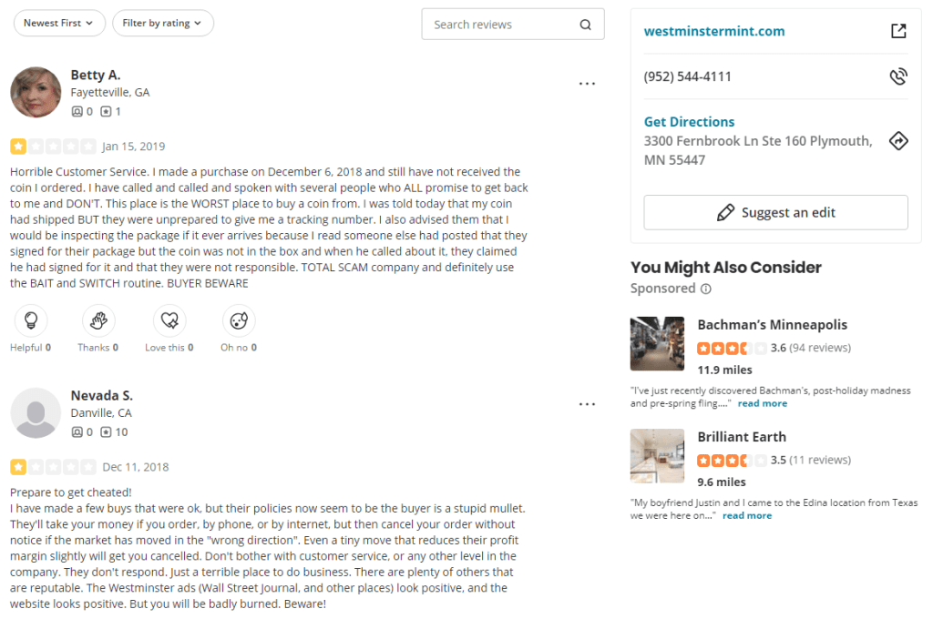 Westminster Mint Yelp Reviews