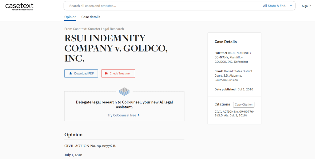 RSUI INDEMNITY COMPANY v. GOLDCO, INC.