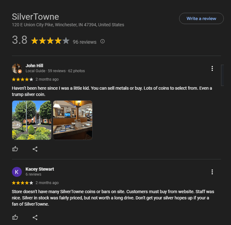 Silvertowne Reviews on Google